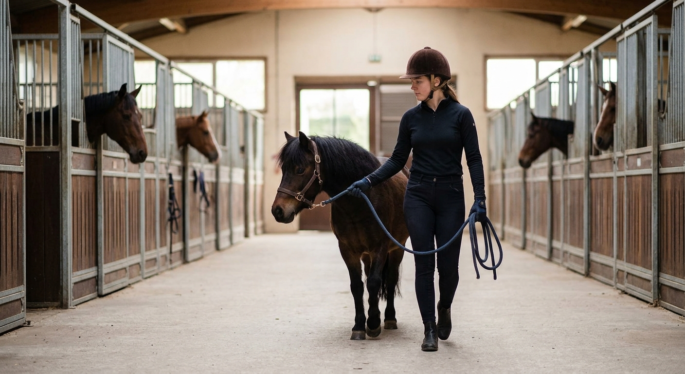 Cavalier menant calmement son poney dans une allée sécurisée