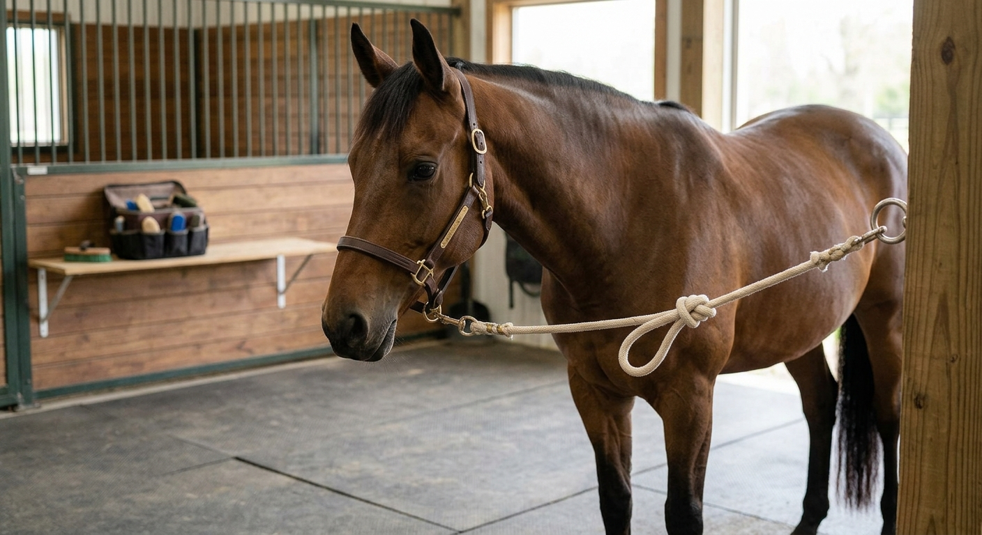 Cheval attaché avec un nœud d’attache