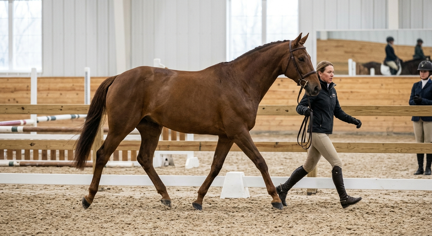 Cavalier menant un cheval au trot sur quelques foulées