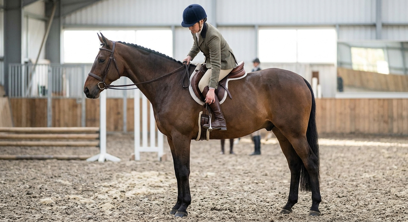Cavalier ressanglant en selle à l'arrêt