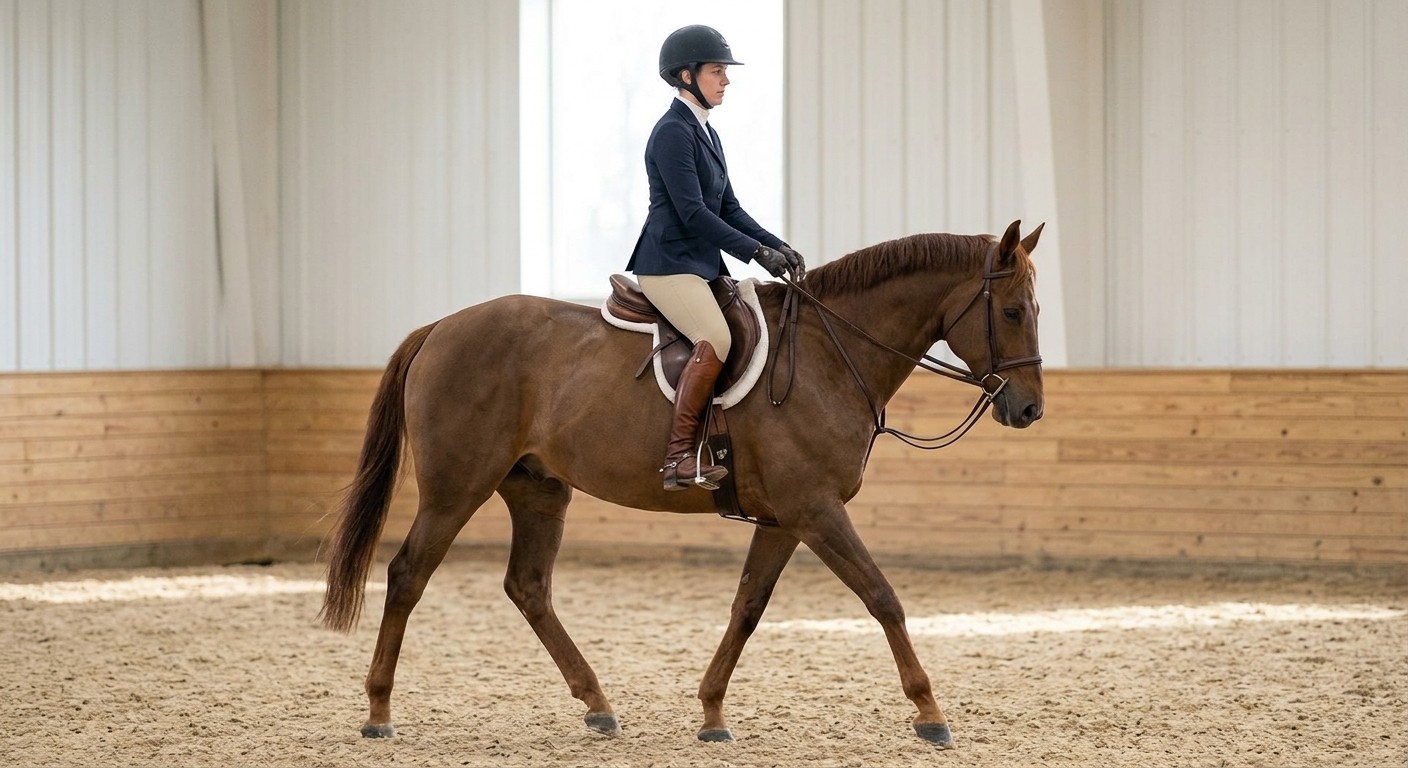 Cavalier au trot enlevé qui lâche puis reprend ses rênes