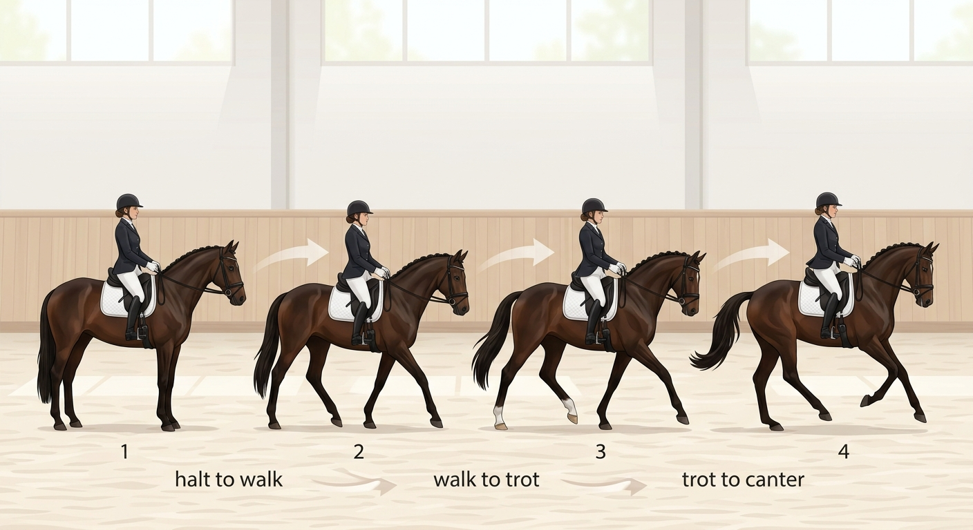 Transitions simples entre arrêt, pas, trot et galop