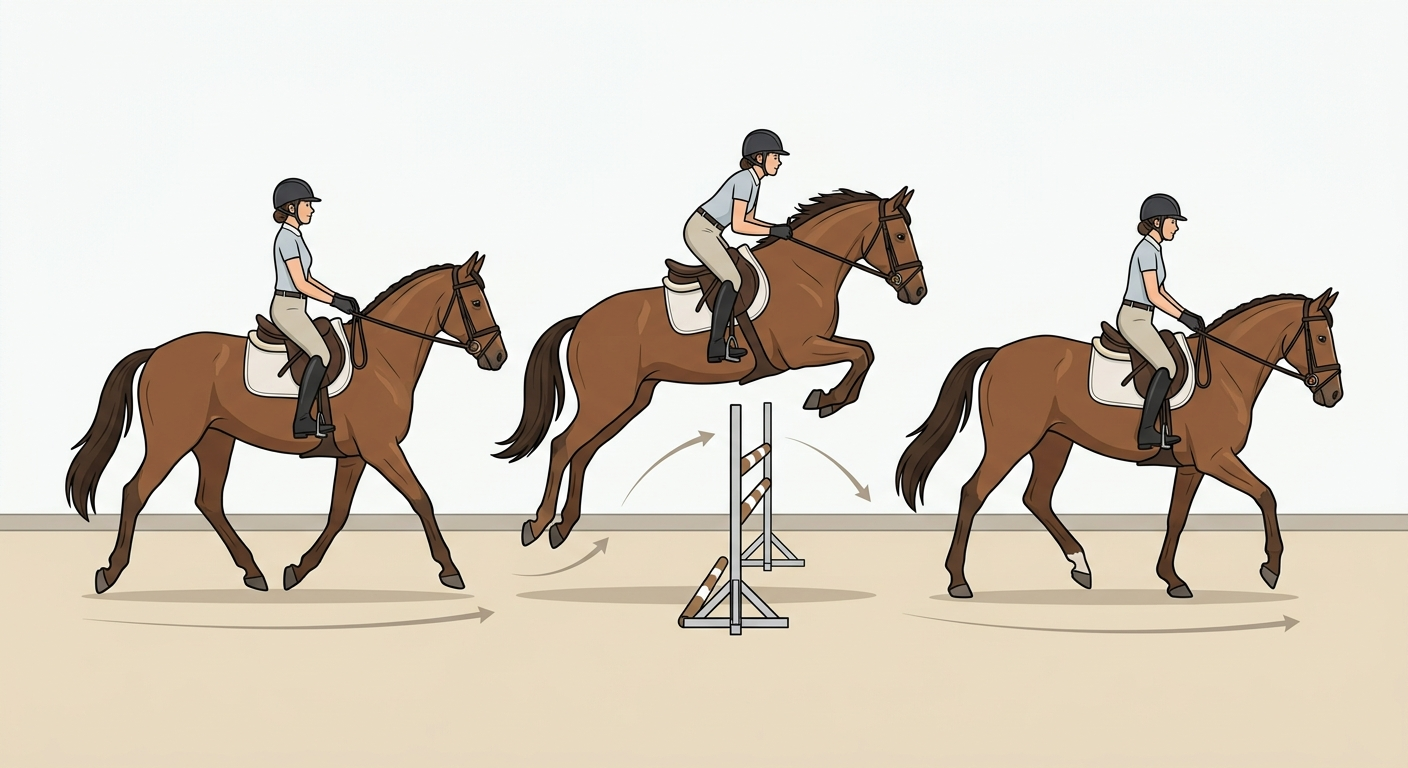 Schéma de la position du cavalier à l’abord, au-dessus et à la réception