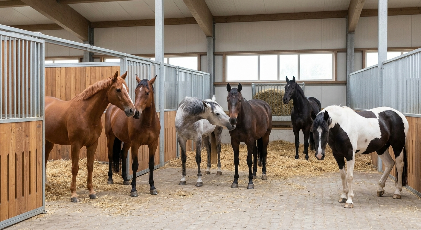 Chevaux en stabulation avec interactions sociales