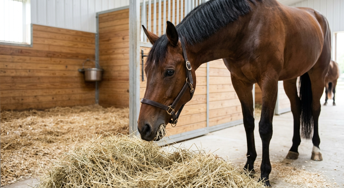 Cheval qui mange du foin dans un environnement propre