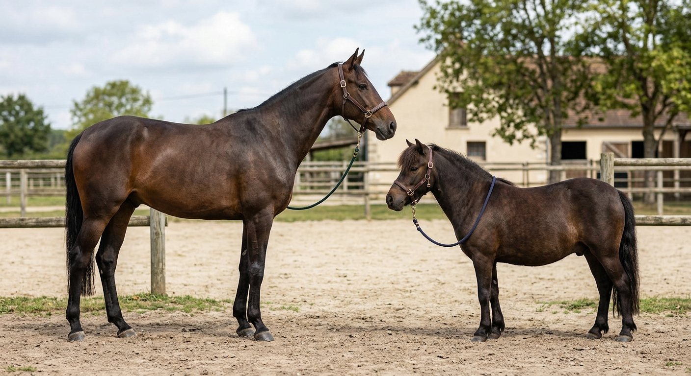 Cheval et poney de types différents dans un club